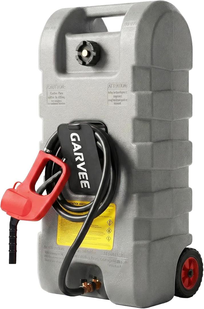 Garvee 15 Gallon Gas Caddy, Heavy-Duty Gas Can and Fuel Caddy with Manual Fuel Transfer Pump, Portable Fuel Tank on Wheels with 10 ft Hose for Lawn Mowers, Cars, Boats, ATVs, Home and Farm Use, Grey