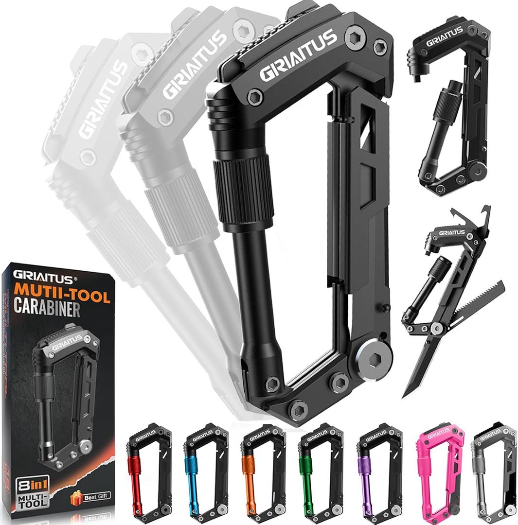 Carabiner Multitool 8-in-1 EDC Carabiners Pocket Knife, Serrated Knife, Rope Cutter, Screwdriver, Can Bottle Opener, Ruler, Survival Gear for Camping Climbing Hiking, Gifts for Men (Black)