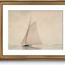 VIYYIEA Gold Framed Wall Art Canvas Print Home Decor for Living Room White Sailboat Seascape Watercolor Vintage Beach Painting on Canvas - Coastal Wall Art Prints for Bedroom Office Bathroom 16x20in