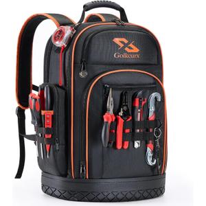 Golkcurx Tool Backpack, Heavy Duty Backpack Tool Bag, 1680D Implements Carrier for Electrician, Durable and Molded Base (Black)