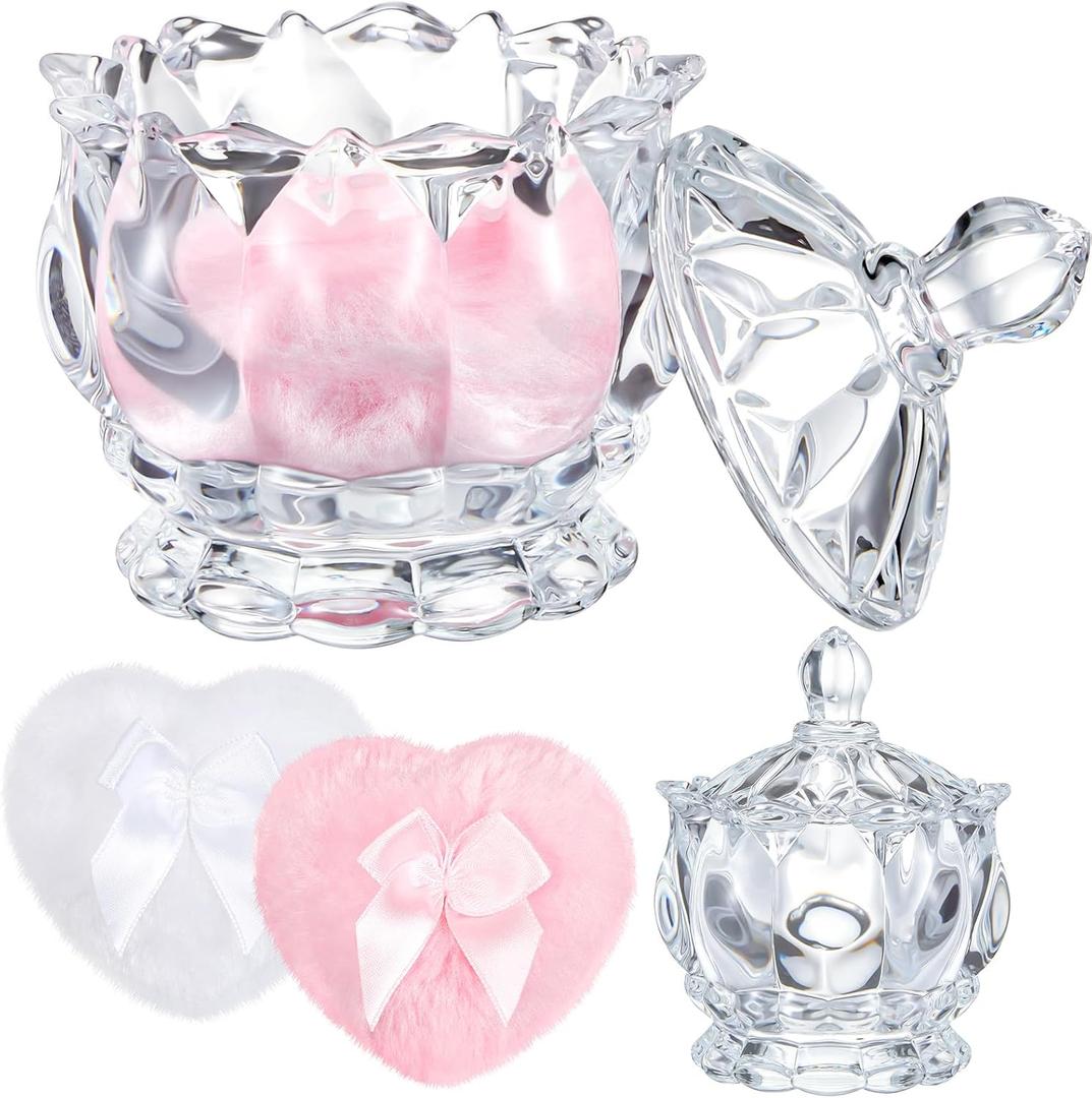 Tioncy 3 Pcs Large Body Powder Puff and Container Valentine's Day gift Powder Container with Puff Crystal Case Soft Washable Reusable Velour Face Body Glitter Wet Dry Makeup(Exquisite,Clear)