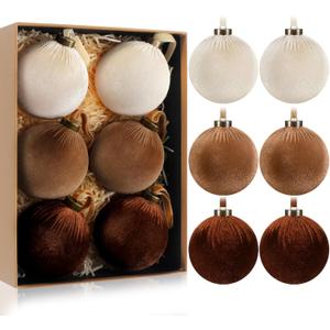 HyDren 6 Pcs Velvet Christmas Ball Ornaments 4 Inches Large Flocked Christmas Tree Hanging Ornaments Shatterproof Xmas Bulbs for Home Xmas Tree Party Decor(Beige, Light Brown, Dark Brown)