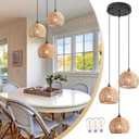 3-Light Mini Hemp Rope Woven Pendant Light Kitchen Island,3 Dome Hand Woven Boho Rattan Chandelier Farmhouse Wicker Ceiling Light,rustic Light Fixture For Living Room Hallway Dining Room(Bulb Incl.)