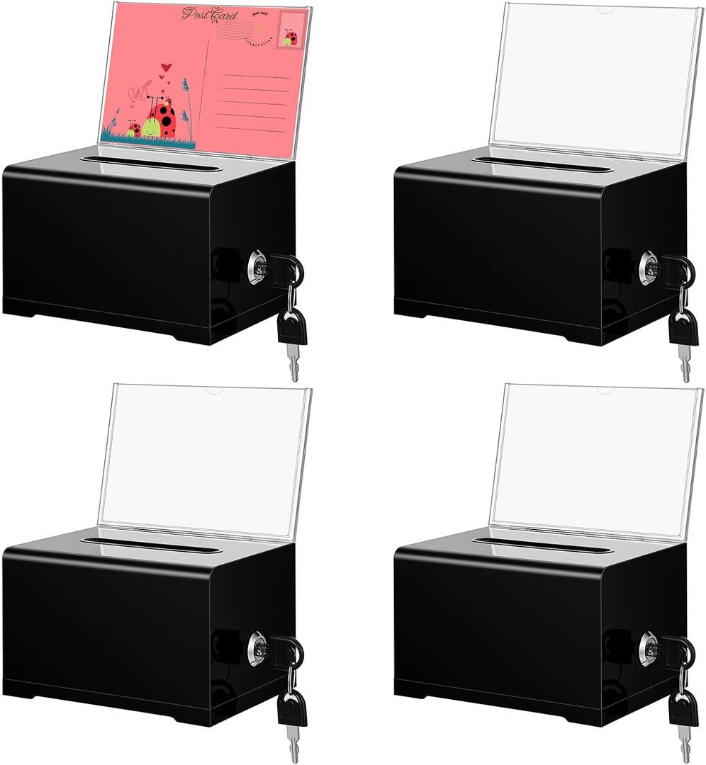 4 Pcs Donation Boxes for Fundraising, Black Acrylic Raffle Ticket Boxes with Slot Tip Box with Lock and Sign Holder Suggestion Ballot Box for Donation Voting Raffle Secure Storage