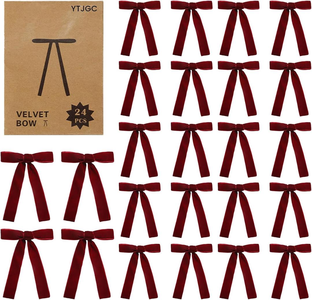 24 Pcs Red Velvet Ribbon Christmas Tree Bows Bow Tree Topper Door Garland Decor Vintage Wreath Bow Velvet Bows Ornaments for Christmas Trees Gifts Party Door Garland Wreath Decor (Burgundy)