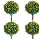 Yunlly 4 Pcs Artificial Flowers Fake Boxwood Topiary Ball Tree 27 Inch Outdoor Faux Bush Balls, Realistic UV Resistance Fake Shrub Plant with Spike for Garden Porch Patio Indoor Decor (Yellow)