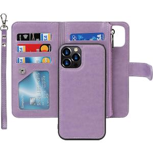 iCoverCase for iPhone 12/12 Pro Wallet Case with Card Holder and Wrist Strap, PU Leather Kickstand Card Slots Zipper Pocket Magnetic [Detachable] Flip Cover Case 6.1 Inch (Purple)