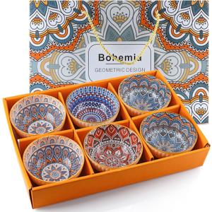 Ceramic Rice Bowls 10 oz, Bohemian Style Bowl Gift Set, Assorted Dinnerware Serving Bowls for Cereal, Soup, Dessert, Snack, Fruit, Salsa, Pack of 6 (Geometric Pattern)