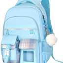 Kawaii Blue Kids Backpack for Girls, Fashion Multiple Pockets Bookbag for Primary Elementary High School for Teen Girls