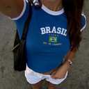 Vintage Graphic Baby Tees for Women Brazil Shirt Y2k Tops Mexico Crop Top Jersey 2000s Summer Going Out Tops (Blue, S)