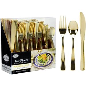 Gold Plastic Silverware Set, 160 Count, Extra Heavy Duty Flatware, Disposable Cutlery Utensils, 80 Forks, 40 Spoons, 40 Knives, Polished Gold, Bulk Pack