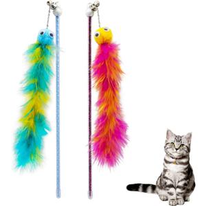 Andiker Cat Feather Toys, 2PCS Cat Wand Toys with Bell&Plush Balls, 12in Colourful Interactive Kitten Teaser Toy, Funny Interactive Cat Toys for Cat Indoor Playing Training Chasing (Red + Green)