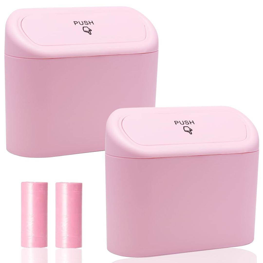 Car Can Bin with Lid - 2 Packs Universal Vehicle Mini Leakproof Garbage Can Bin with 40pcs Bags Can Organizer Storage for Front Back Seat Accessories for Auto Office Bedroom Home(Pink)