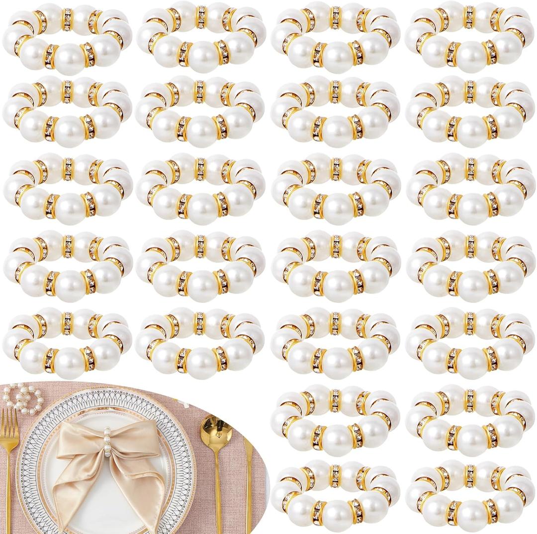 APTWOW Pearl Gold Napkin Rings Set of 24 - Imitation Pearl Napkin Holder, Disposable White&Gold Napkins Rings Bulk for Wedding Party Birthday Banquet Table Decor and Daily Use