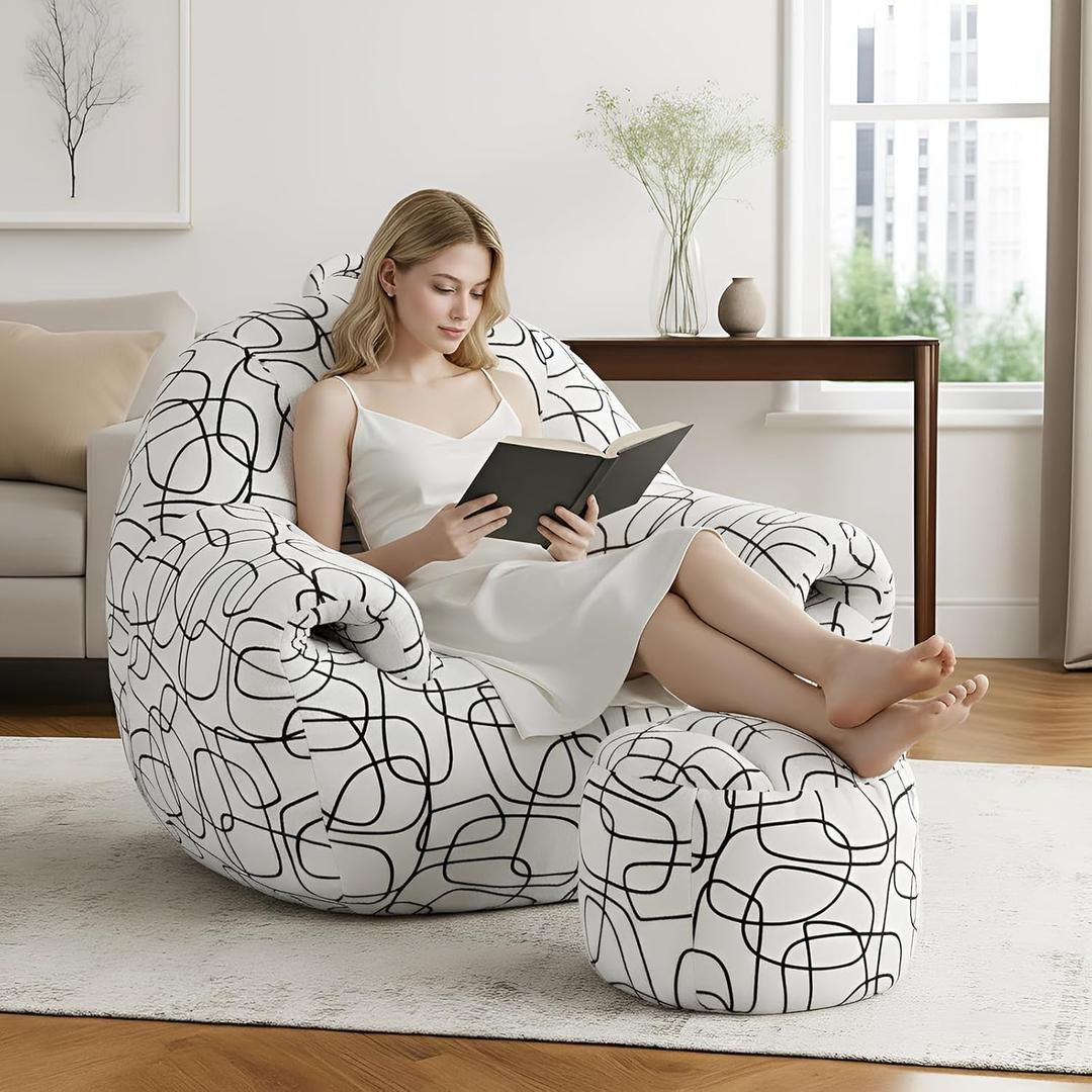 DAICO Bean Bag Chairs for Adults Giant Bean Bag Chair with Ottoman Soft Plush Beanbag Couch with Armrests Comfy Accent Chair Single Lazy Sofas with Foam for Living Room Reading Bedroom