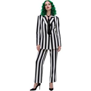 Halloween Women's Black and White Striped Suit with Open Front Striped Blazer, Length Pants and Tie for Women (X-Large)