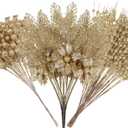 Alupssuc 24 Pcs 3 Styles Glitter Christmas Tree Picks and Holly Berry Stems Christmas Decorations Set, Poinsettia Flowers Artificial for Xmas Tree Ornaments or Party Wreath Fireplace, Gold