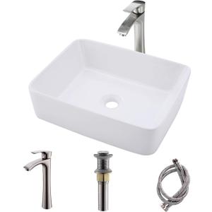 Black Vessel Sink with Faucet and Drain Combo -Bokaiya 16x12 Matte Black Vessel Bathroom Sink Rectangle Above Counter Porcelain Ceramic Vessel Sink Art Basin