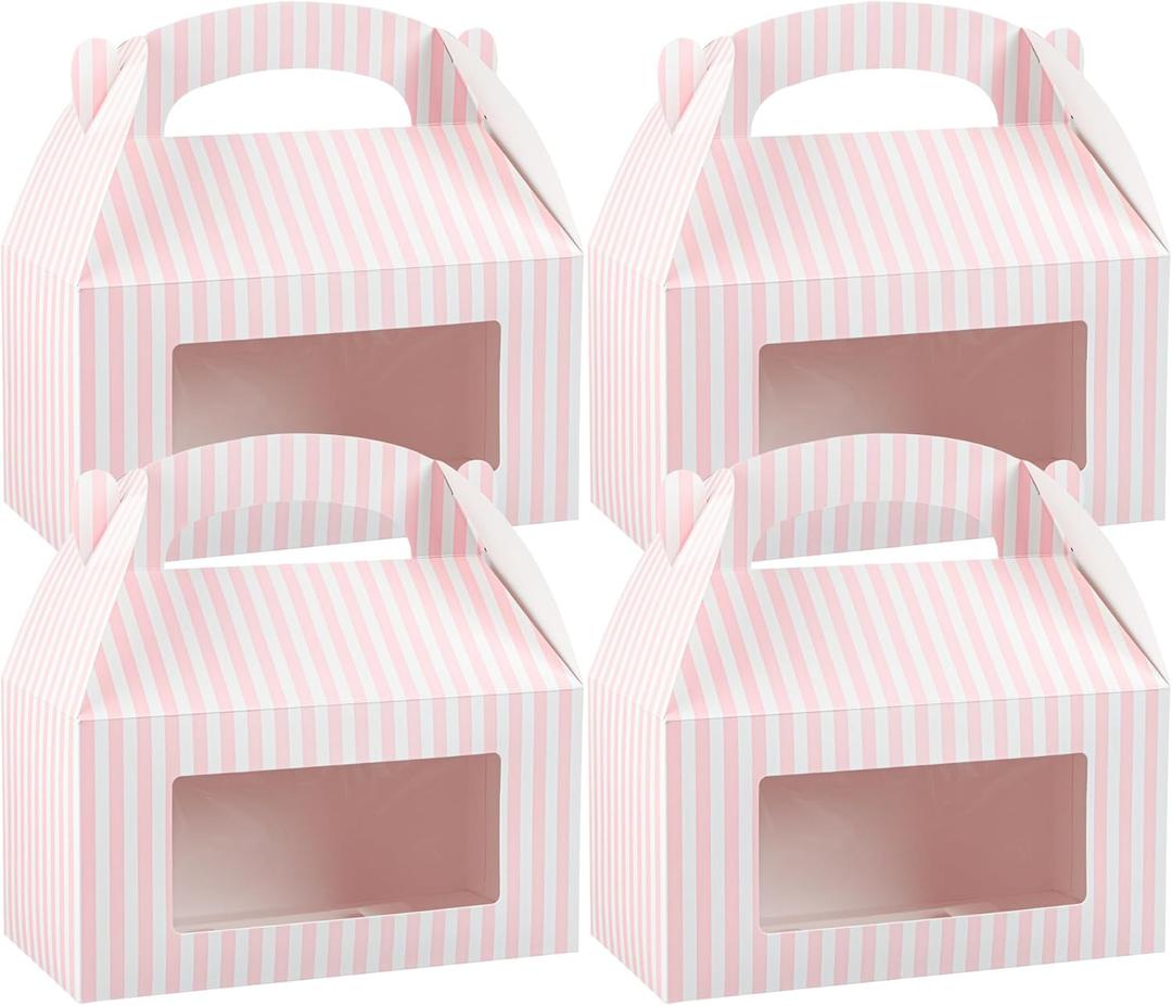 Bio Tek 9.5 x 5 x 5 Inch Gable Boxes For Party Favors, 25 Attractive Gift Boxes - Striped Pattern, Clear PET Window, Pink & White Paper Barn Boxes, With Built-In Handle