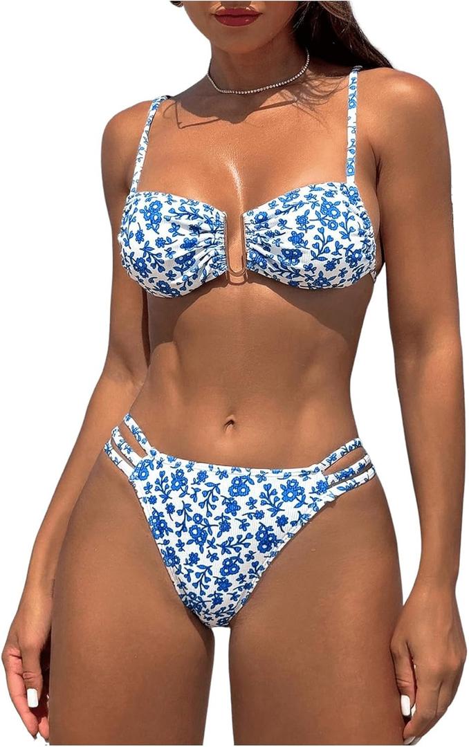Floerns Women's Floral Print V Wired Summer Cheeky Thong Two Piece Bikini Swimsuit (X-Large, Blue and White)