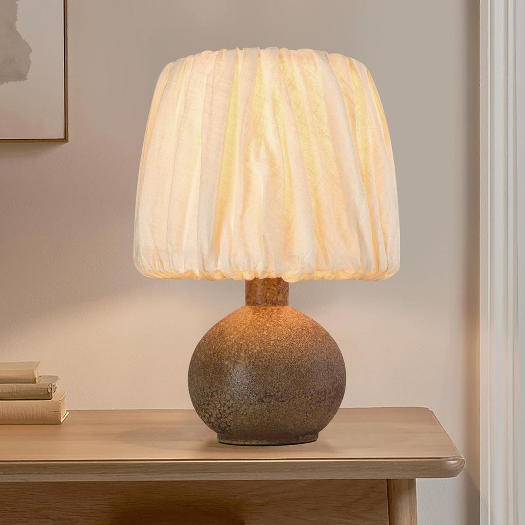 15.5" Antique Ceramic Table Lamp, Small Farmhouse Desk Lamp with Pleated Lampshade, Modern Table Lamps for Bedside Bedroom and Living Room - Side Table Lighting Lamps Replacement (Brown) (Black)