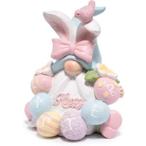 Hodao Easter Gnome Figurine, Resin Bunny Hat Gnome with Pastel Eggs & Bird, Hand-Painted Spring Tabletop Decor for Home, Shelf, Mantel, Tiered Tray, Easter Gift