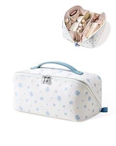 EACHY Travel Makeup Bag,Large Capacity Cosmetic Bags for Women,Waterproof Portable Pouch Open Flat Toiletry Bag Make up Organizer with Divider and Handle (Medium)