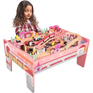 Wooden Train Set - 75-Piece Play Set with Tracks, Vehicles, Buildings, Characters, Illustrated Playing Surface, and Activity Table by Hey Play (Pink)
