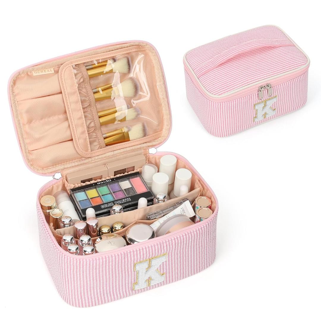 OCHEAL Makeup Bag for Women, Monogram Cosmetic Bag with Brush Holder, Pink Travel Makeup Case Beauty Toiletry Bag Organizer Personalized Gifts for Girls Bridesmaid, Sister, Wife, Friends Initial K