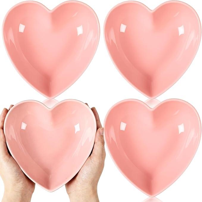 4 Pcs 8 Inch Valentine's Day Heart Shaped Cereal Bowls Set, Pink Red Valentine Ceramic Deep Heart Shaped Plates, Valentine Bowls for Food Serving Dessert Soup, Salad Fruit Gift(Pink)