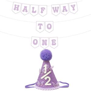 6 Months Birthday Decorations For Girl, Purple 1/2 Birthday Hat With 3d Butterfly And Half Way To One Banner For Half BD Party Decorations, 1/2 Birth bay Girl Photo Shoot