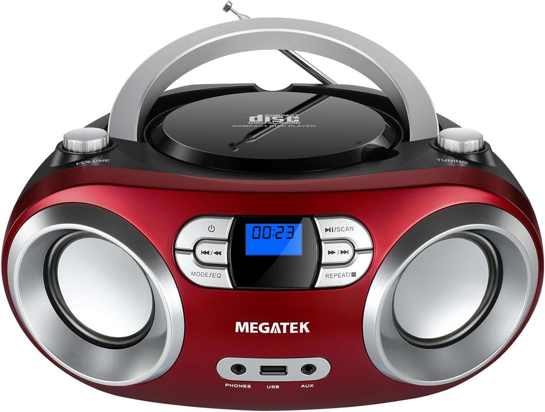 MEGATEK Portable CD Player Boombox with FM Radio, Bluetooth, USB Port, AUX Input, and Headphone Jack  CD-R/CD-RW/MP3-CD Compatible, Clear Stereo Sound, Backlit LCD Display  Cherry Red