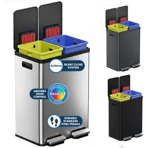 iTouchless 16 Gallon / 60L Dual Kitchen Trash Can & Recycle Bin, 2x8 Gal Removable Buckets, Soft-Close Stainless Steel Step Pedal, Fingerprint-Resistant, AbsorbX Odor Filter – Brushed Silver