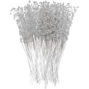 60 Pieces Pearl Stick Stems Bouquets, 4mm Bead String Garland Beaded Spray Filler Floral Arrangements Tree Picks Wedding Party Decoration, Mother's Day Flower Decor, Christmas Tree Picks (Silver)