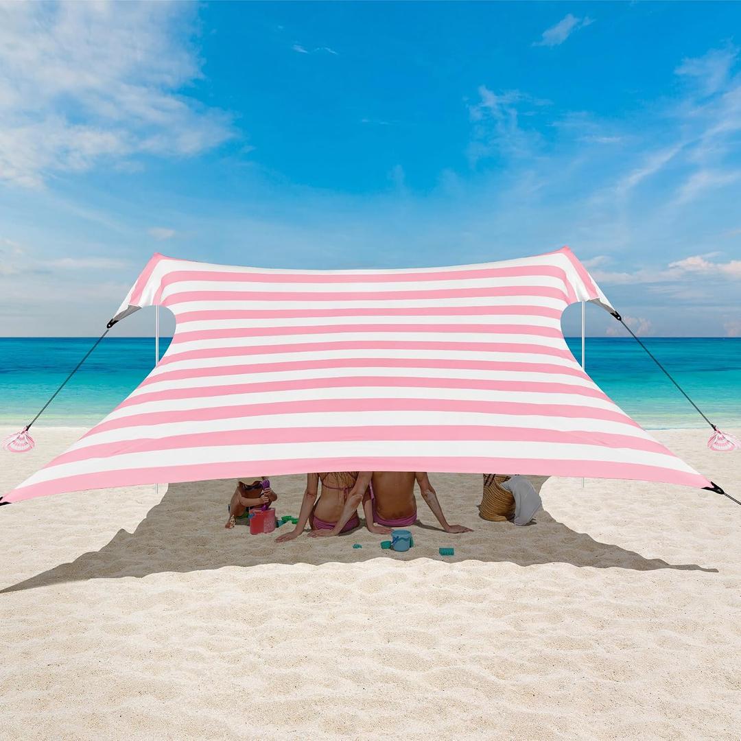Beach Tent Canopy, UPF 50+ UV Protection Beach Sun Shade, Portable 10x10 FT Large Pop-Up Tent Sun Shelter with Sand Anchors, Ground Pegs, Easy Setup for Camping, Park, and Backyard Fun-Pink Stripe