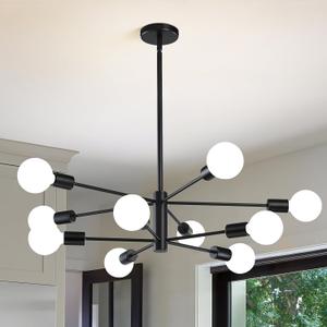 Modern Sputnik Chandeliers Light, 10-Light Black Chandeliers for Dining Room, E26 Height Adjustable Chandelier Ceiling Lighting Fixture for Farmhouse Kitchen Island Living Room Foyer