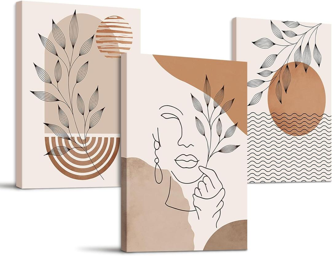 SERIMINO Boho Framed Wall Art Set of 3, Minimalist Wall Decor Living Room, Geometric Line Leaf Sun Moon Canvas Artwork Paintings for Bathroom, Home Decor Print, 12"x16" (Terracotta)