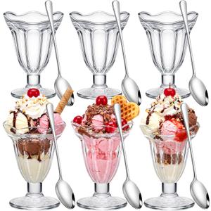 6 Pcs Glass Dessert Cups Set, 6.8 oz Clear Tulip Sundae Cups with Long Handle Spoons, Footed Parfait Trifle Glasses for Valentine's Dessert, Date Night Fruit Cocktail