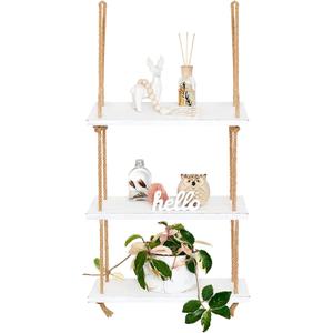 Mkono Hanging Shelves 3 Tier White Wood Wall Mount Floating Shelf with Rope Boho Decor for Living Room Bathroom Bedroom Kitchen Apartment - Rustic Wood Decorative Storage Shelf