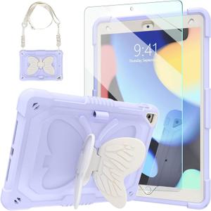 Ambison Case for iPad 9th/8th/7th Generation 10.2 inch with Glass Screen Protector,Rugged Shockproof Protective Cover for Kids Girls Butterfly Stand,Shoulder Strap for iPad 2021/2020/2019-Purple