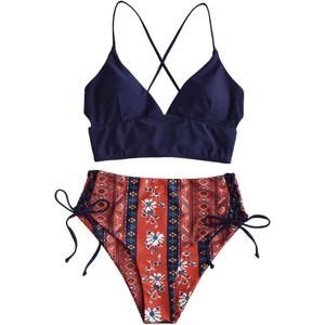 ZAFUL Women Tankini Set, Ribbed High Cut Surplice Swimsuit Bathing Suit with Spaghetti Straps (X-Large, 4-deep Blue-Boho)