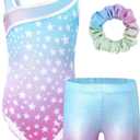 JiAmy Girls Gymnastics Leotards, Glitter Ballet Dance Unitards Biketards Activewear with Short & Hairband for Kids (8-9 Years, Gradient Blue Stars Set)