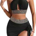 SweatyRocks Women's 3 Piece Swimsuit Criss Cross High Waisted Bikini Set with Sarong Wrap Coverups (X-Large, Multicolor)