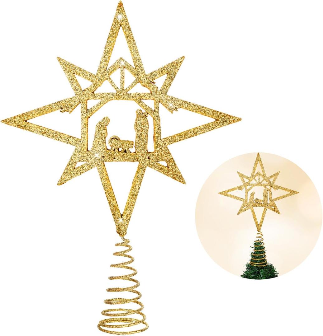 Daifunli Gold Christmas Tree Topper Nativity Scene Bethlehem Star Tree Topper Wooden Star Tree Topper Christmas Tree Ornaments Xmas Table Decor for Indoor Winter Holiday Party Supplies