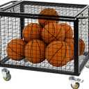 MyGift Large Capacity Metal Rolling Multi Sports Ball Cage Storage Hopper, Gym Equipment Basket Cart with Lockable Latch, Heavy Duty Caster Wheels, and 8 Accessory Hooks, White