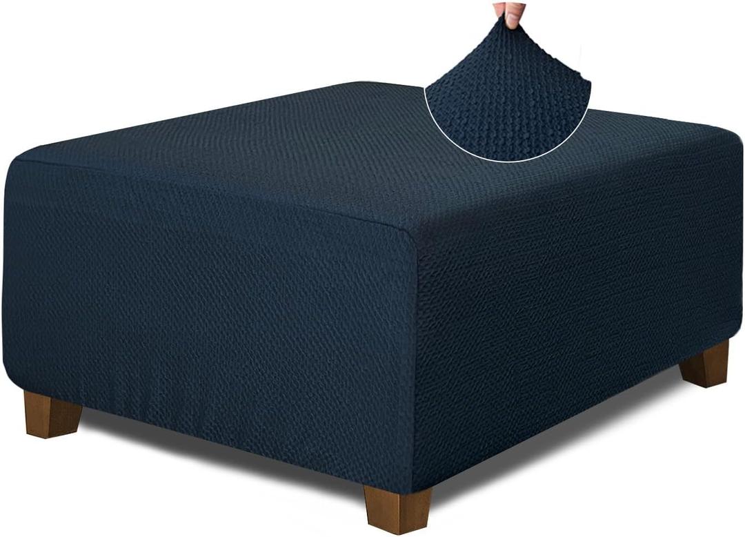 NeColorLife Square Ottoman Cover Jacquard Fabric Slipcover Thick Stretchable Footrest Stool Covers for Square Ottoman,Medium,Navy Blue