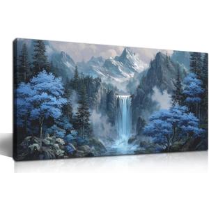 Blue Tree Forest Waterfall Wall Art Nature Landscape Canvas Print Painting, 40"L x 20"W
