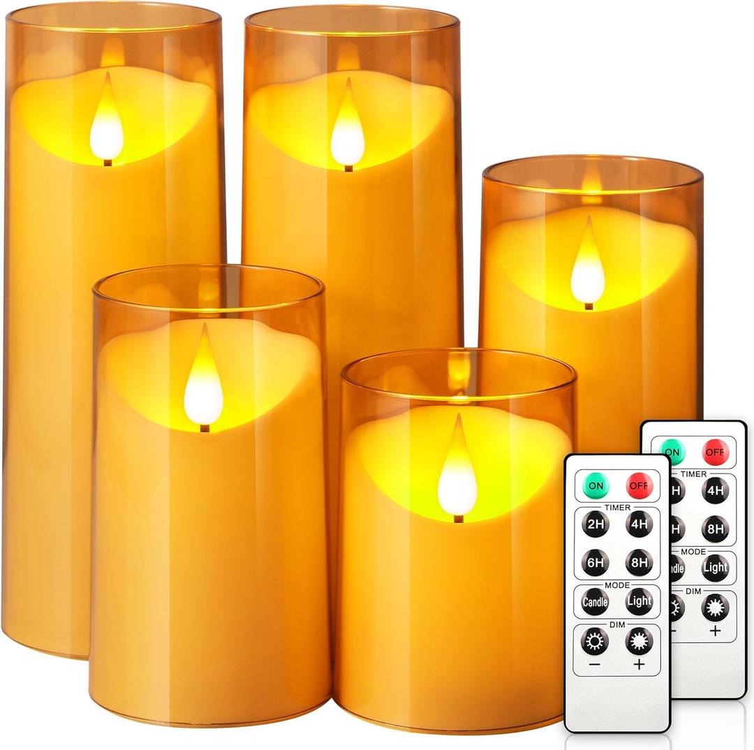 NURADA Flickering Flameless Candles: Acrylic LED Pillar Candles Battery Operated with Remote and Timer for Romantic Ambiance and Home Table Bathroom Decor, Gold, Pack of 5 (Amber Set of 5)