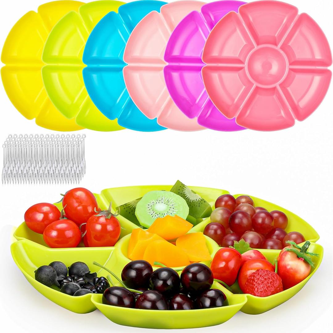 Zhehao 6 Pcs Plastic Divided Serving Trays with 60 Pcs Disposable Fork, 7 Compartments Round Chip Dip Plate, Petal Shape Platter, 10.6'' Snacks Serving Dish for Party Candy Nuts Fruits (Bright Color)