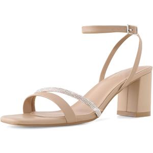 GRACESTRIDE Rhinestone Strappy Heels for Women Square Toe Chunky Block Heels Ankle Buckle Heeled Sandals, Dark Nude, 7.5